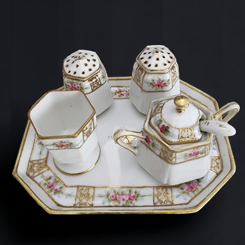 Complete Vintage Nippon Condiment Tray S&P Mustard Pot w Spoon Toothpick Holder